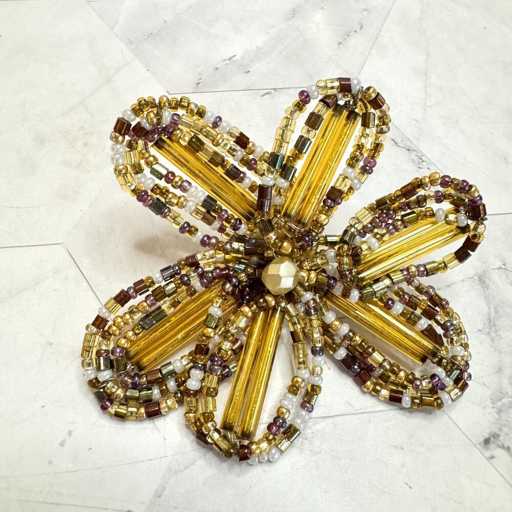 Vintage Joan Rivers Flower Brooch Pin Gold Tone Glass Beaded Signed 3" Retro EUC